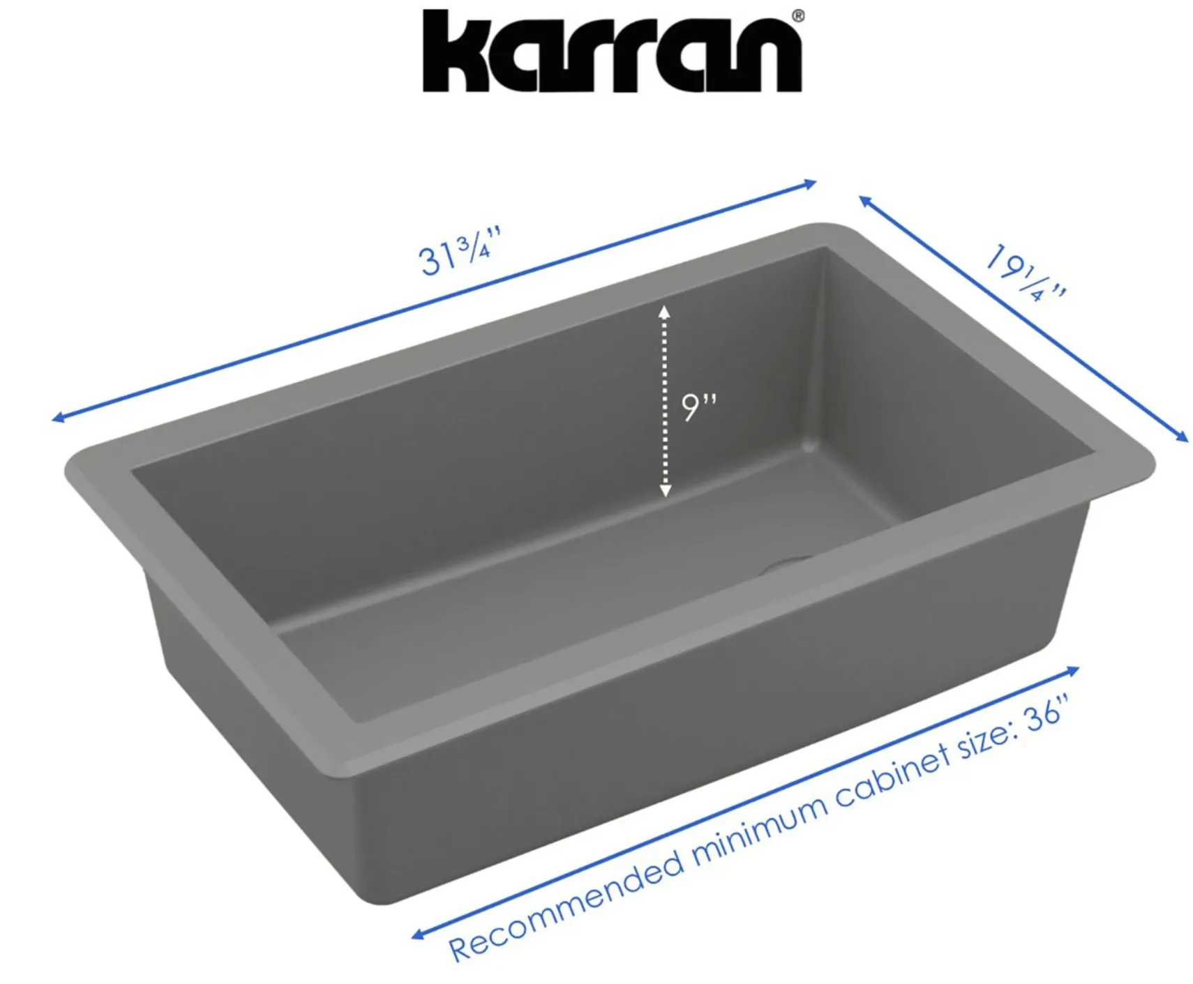 Karran 32" Undermount Quartz Composite Kitchen Sink, Grey, QU-670-GR-PK1
