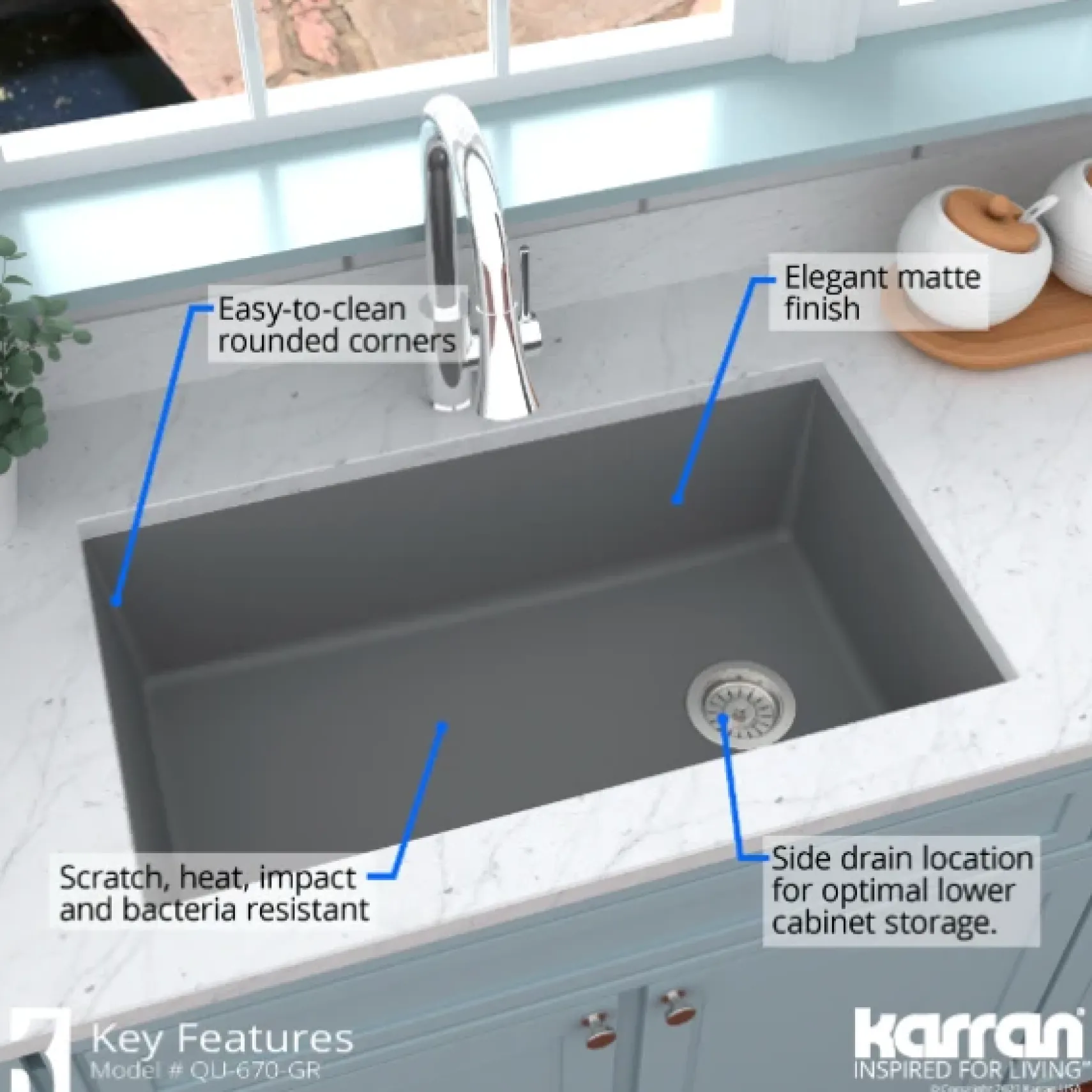 Karran 32" Undermount Quartz Composite Kitchen Sink, Grey, QU-670-GR-PK1