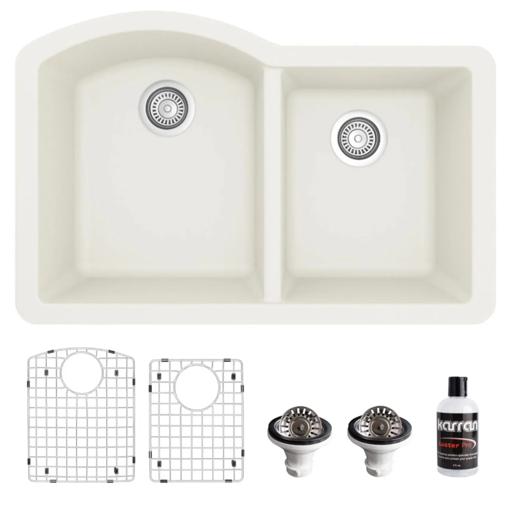Karran 32" Undermount Quartz Composite Kitchen Sink, 60/40 Double Bowl, White, QU-610-WH-PK1