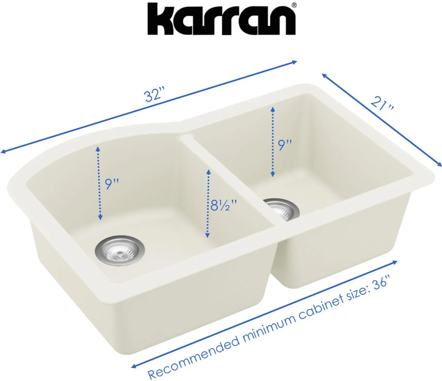 Karran 32" Undermount Quartz Composite Kitchen Sink, 60/40 Double Bowl, White, QU-610-WH-PK1