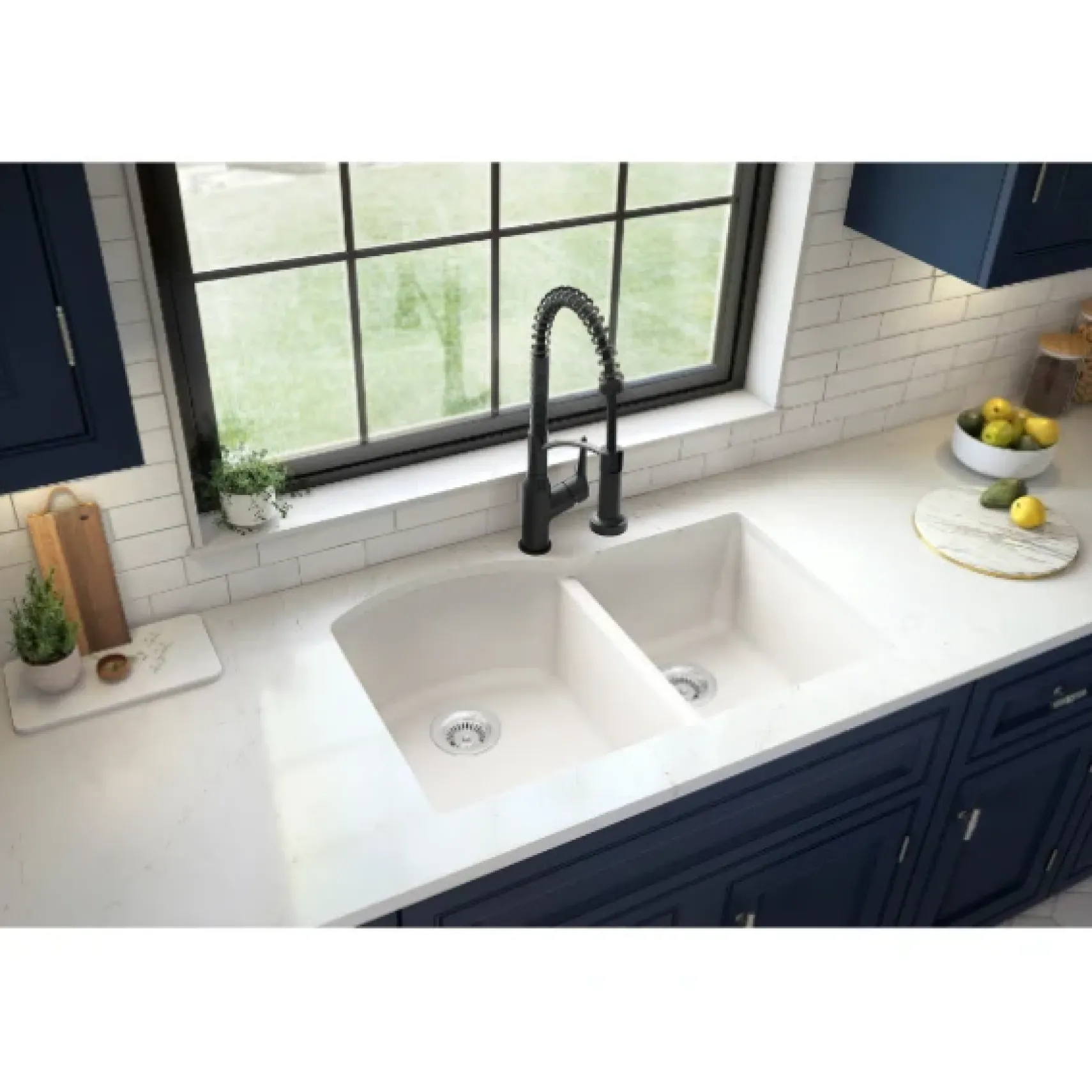 Karran 32" Undermount Quartz Composite Kitchen Sink, 60/40 Double Bowl, White, QU-610-WH-PK1