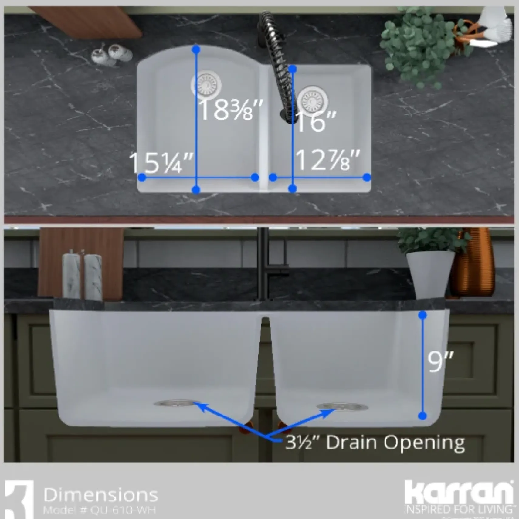 Karran 32" Undermount Quartz Composite Kitchen Sink, 60/40 Double Bowl, White, QU-610-WH-PK1