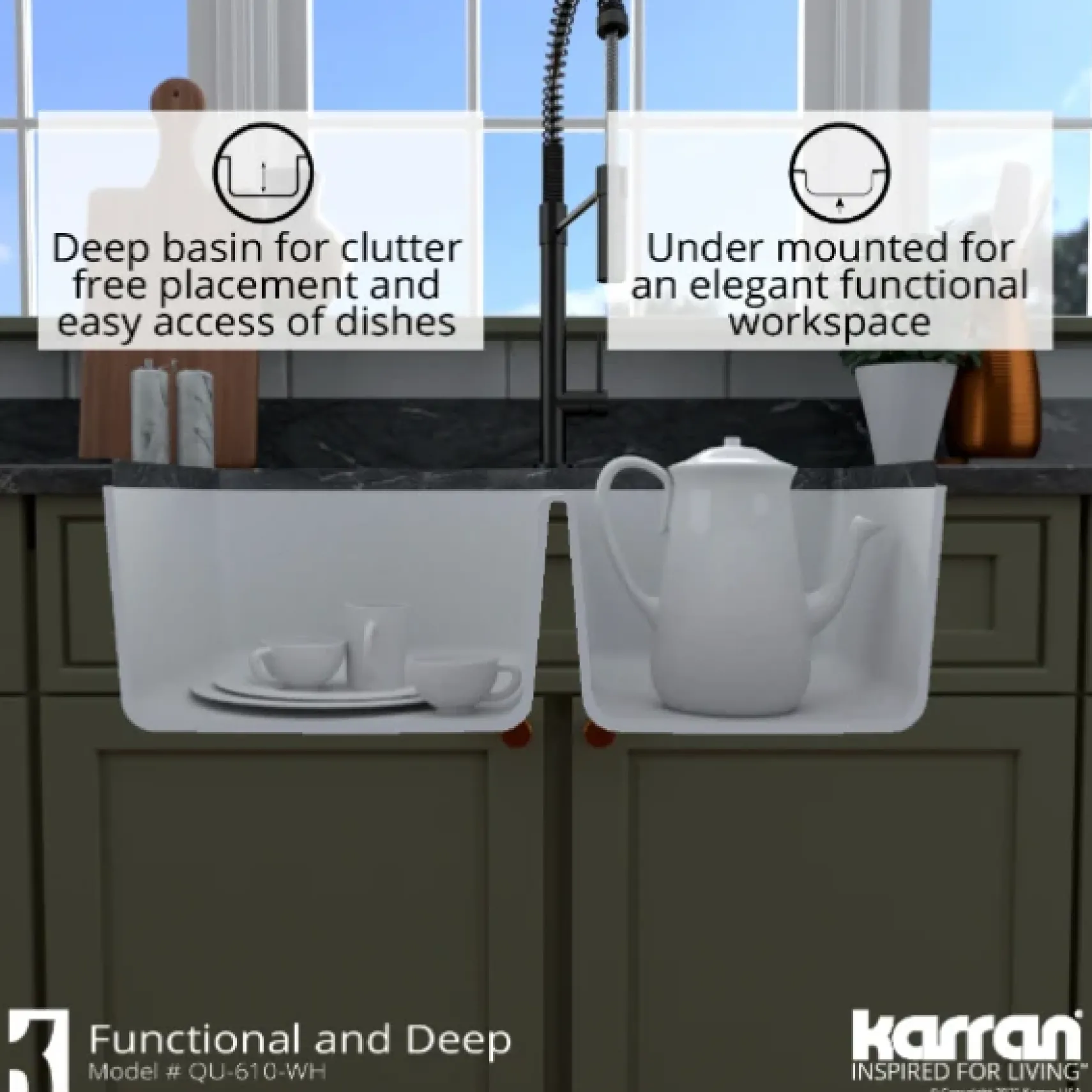 Karran 32" Undermount Quartz Composite Kitchen Sink, 60/40 Double Bowl, White, QU-610-WH-PK1
