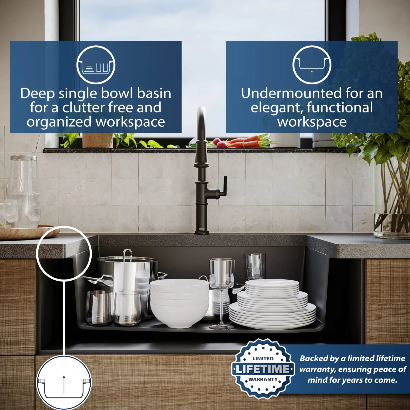 Karran 32" Undermount Quartz Composite Kitchen Sink, Black, QU-670-BL
