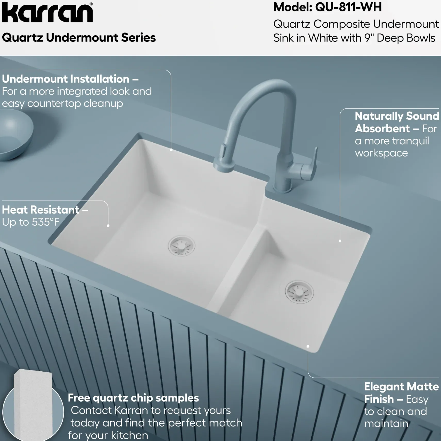 Karran 32" Undermount Quartz Composite Kitchen Sink, 60/40 Double Bowl, White, QU-811-WH