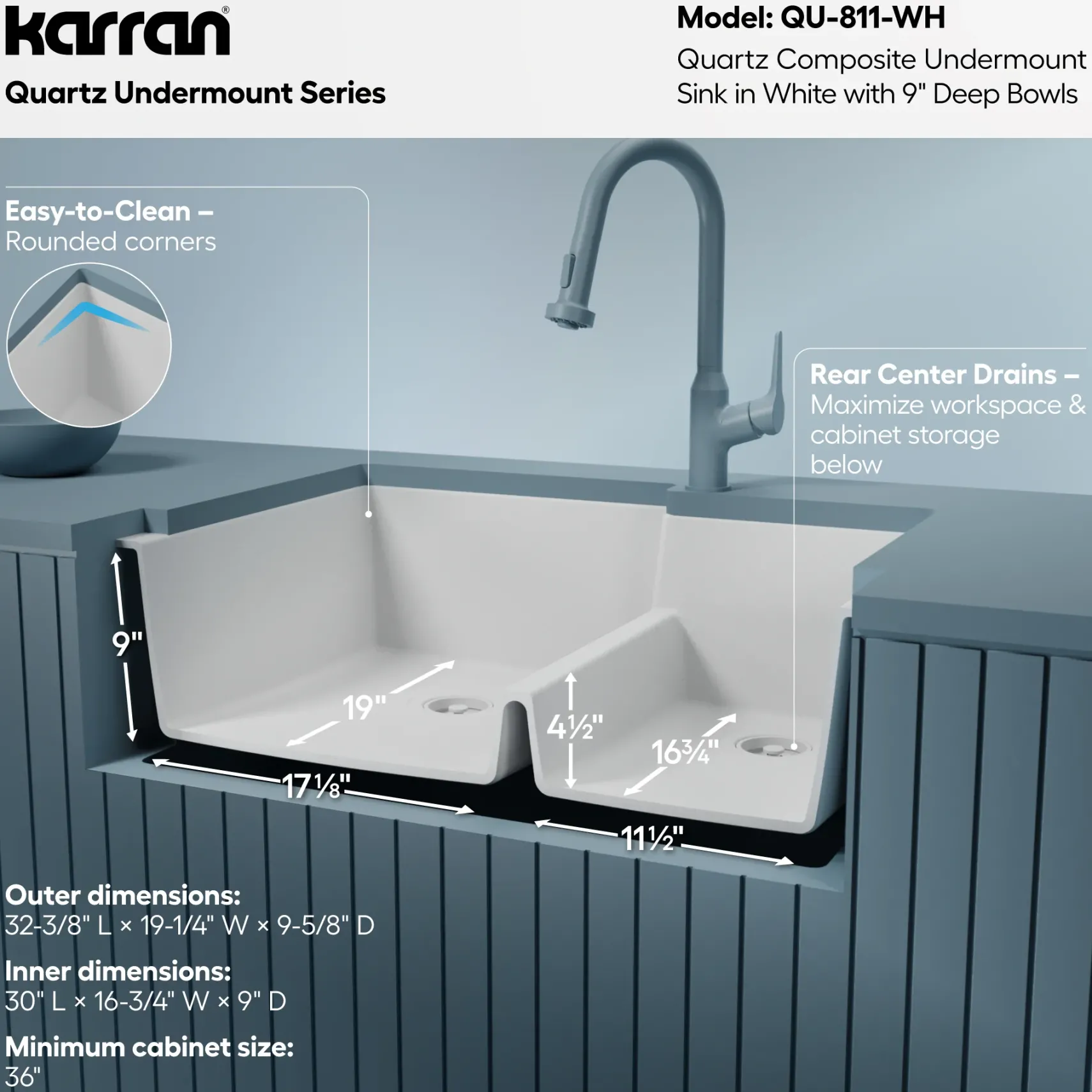 Karran 32" Undermount Quartz Composite Kitchen Sink, 60/40 Double Bowl, White, QU-811-WH