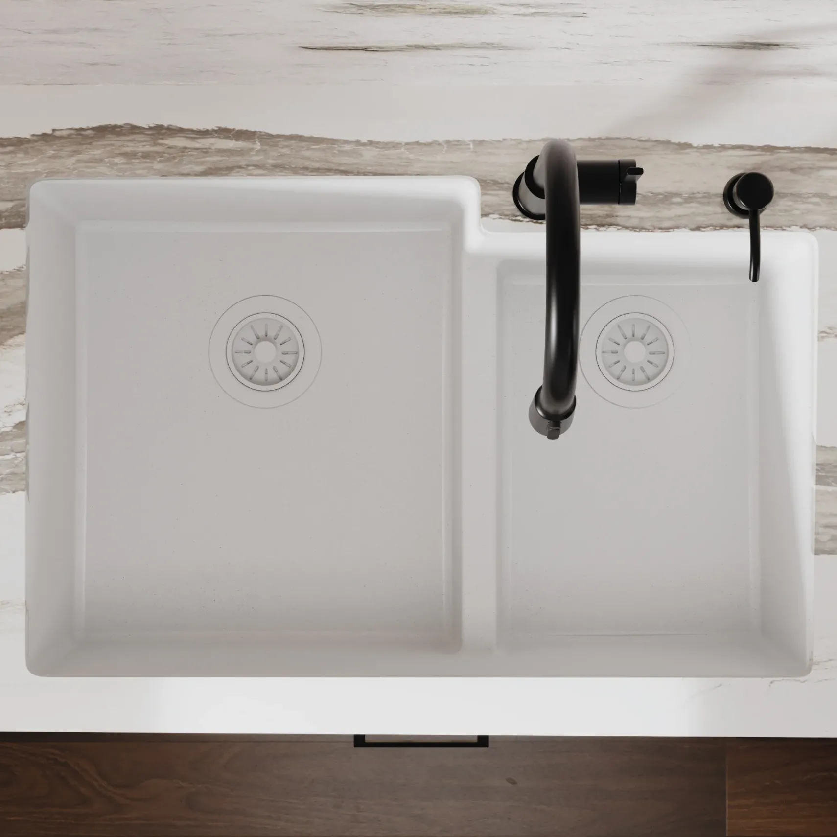 Karran 32" Undermount Quartz Composite Kitchen Sink, 60/40 Double Bowl, White, QU-811-WH