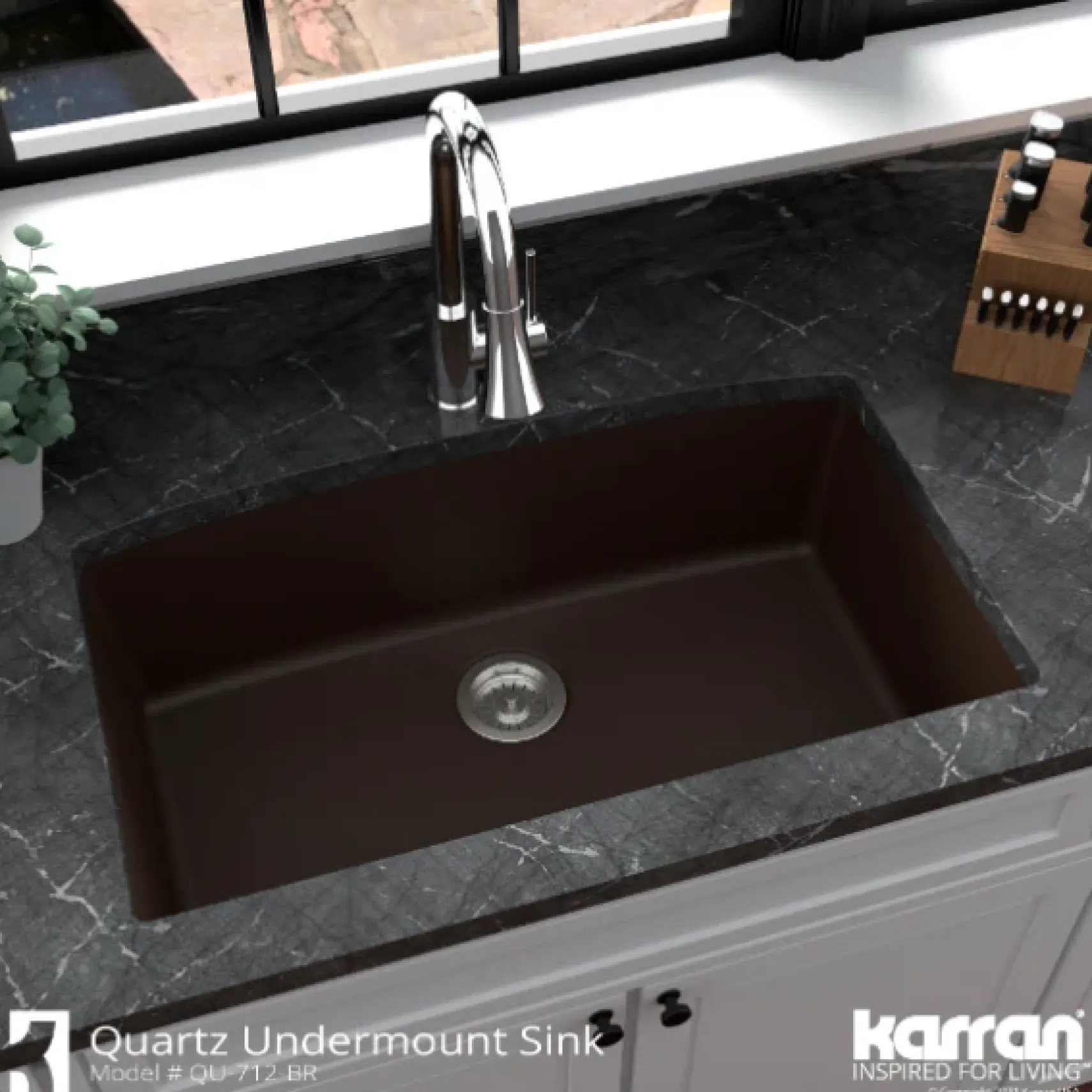 Karran 32" Undermount Quartz Composite Kitchen Sink, Brown, QU-712-BR-PK1
