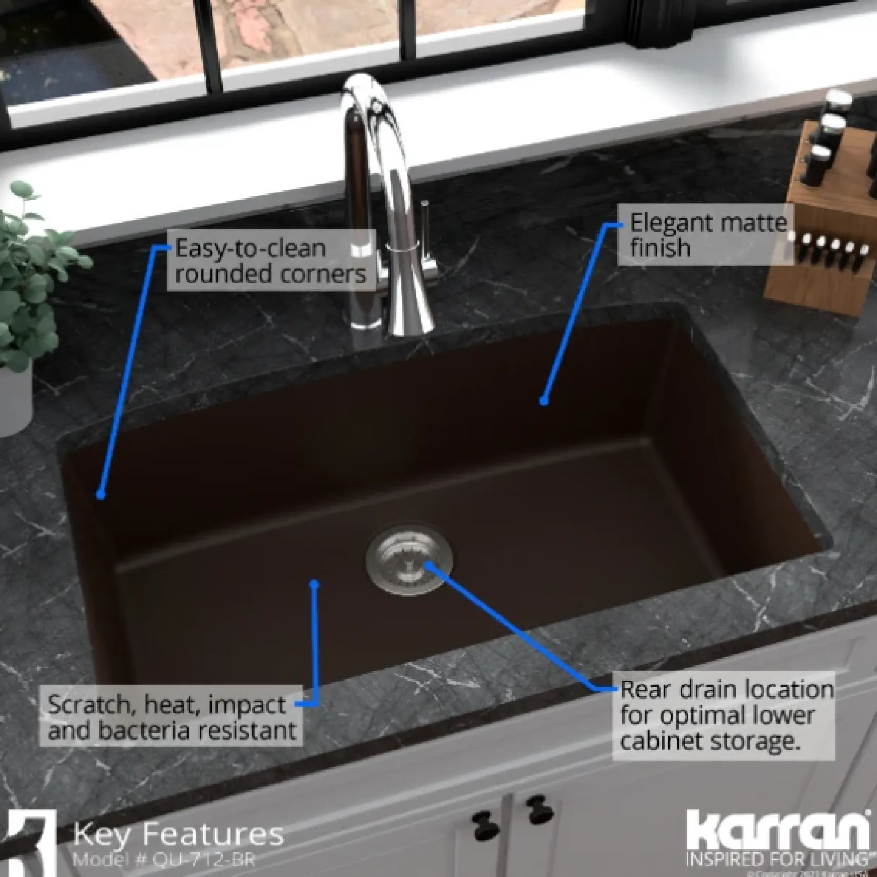 Karran 32" Undermount Quartz Composite Kitchen Sink, Brown, QU-712-BR-PK1