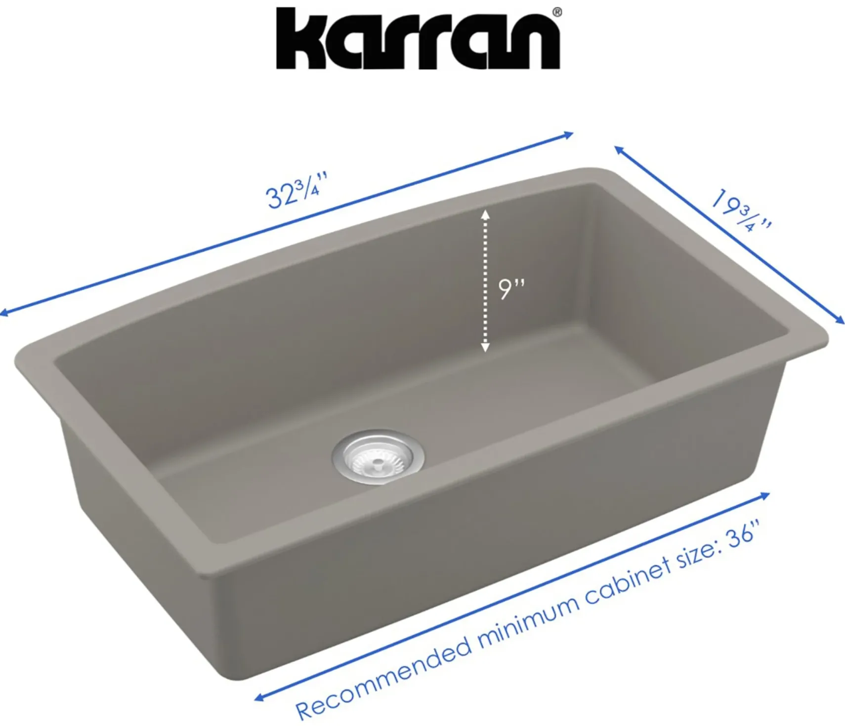 Karran 32" Undermount Quartz Composite Kitchen Sink, Concrete, QU-712-CN-PK1