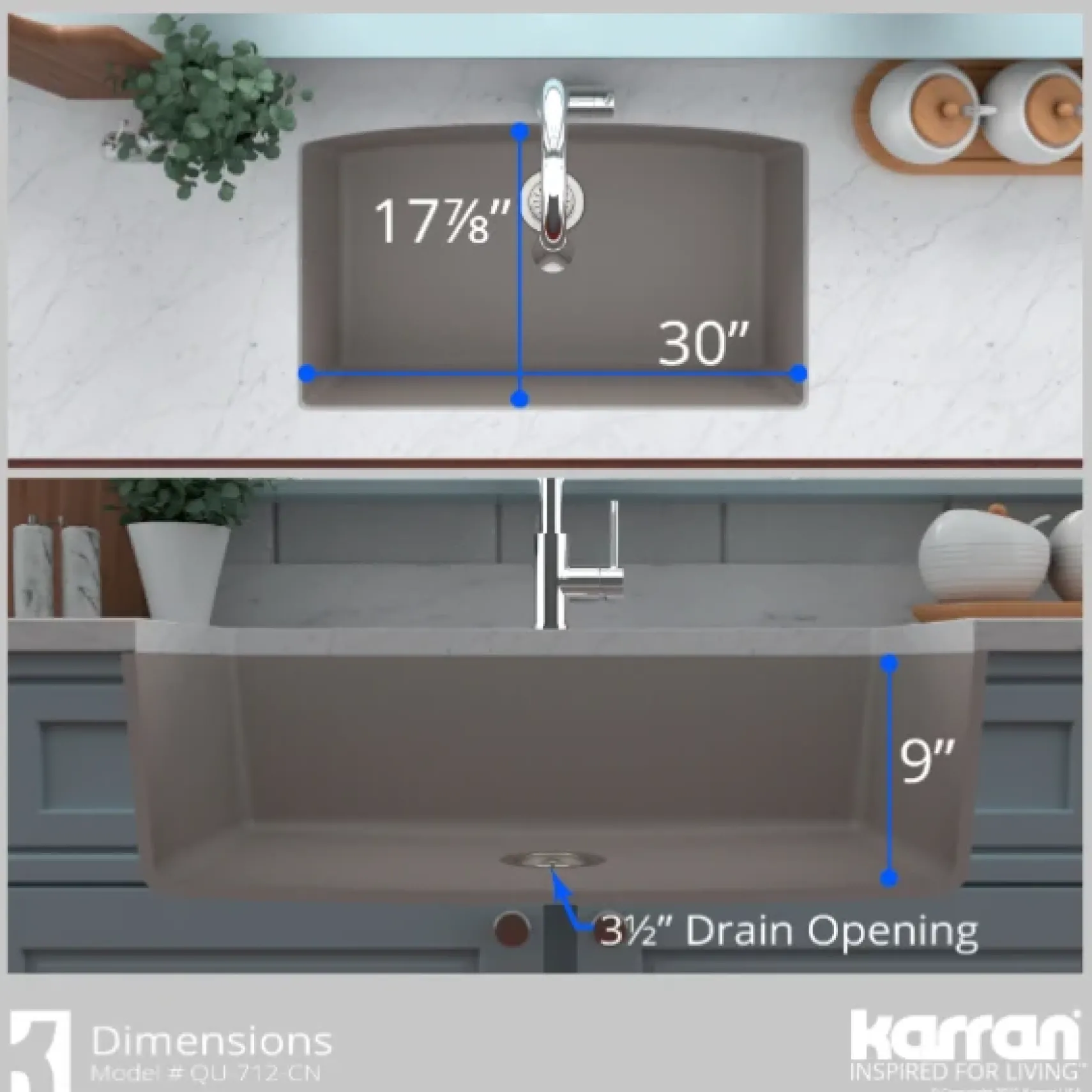 Karran 32" Undermount Quartz Composite Kitchen Sink, Concrete, QU-712-CN-PK1