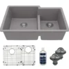 Karran 32" Undermount Quartz Composite Kitchen Sink with Accessories, 60/40 Double Bowl, Grey, QU-811-GR-PK1