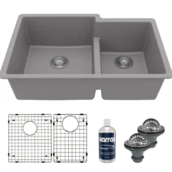 Karran 32" Undermount Quartz Composite Kitchen Sink with Accessories, 60/40 Double Bowl, Grey, QU-811-GR-PK1