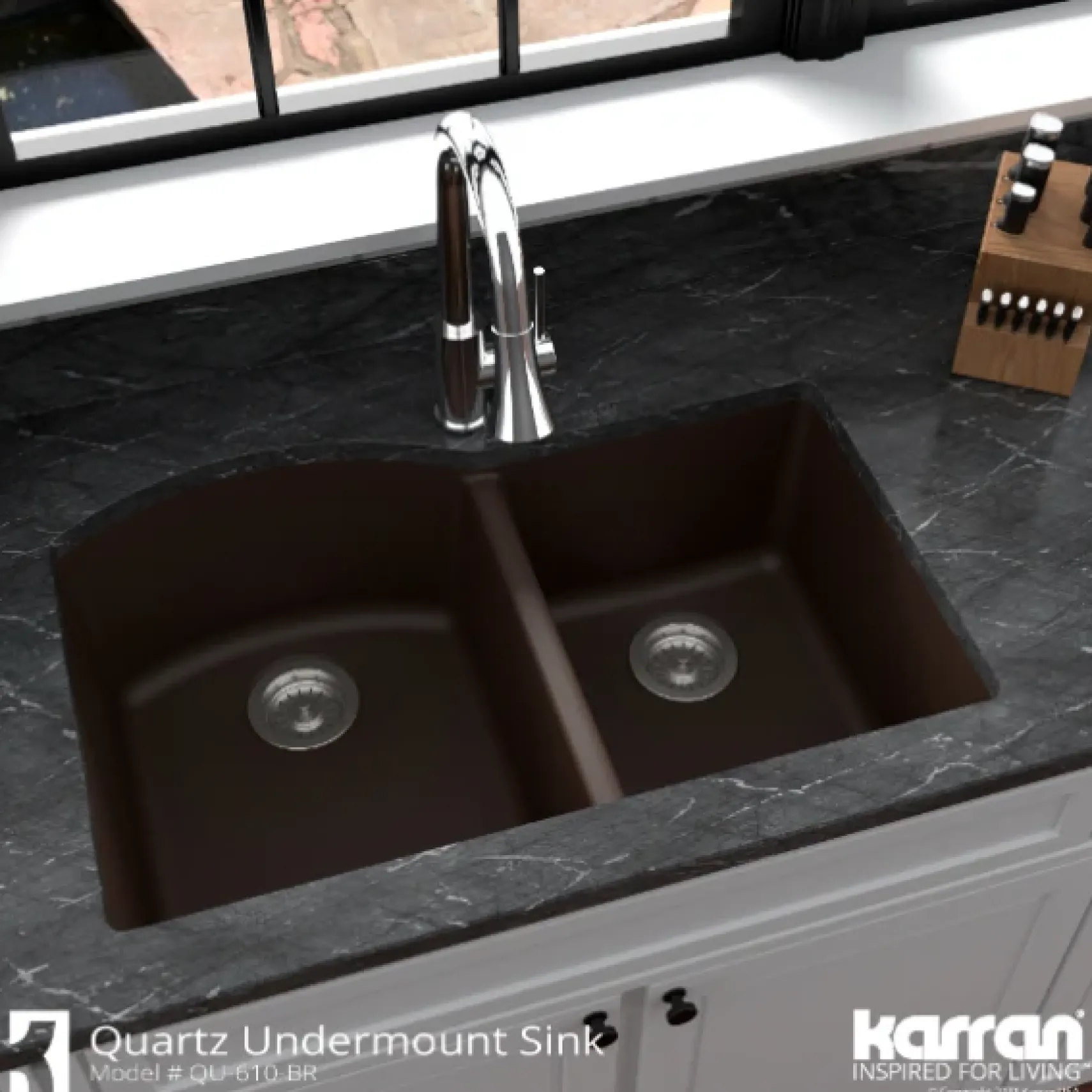 Karran 32" Undermount Quartz Composite Kitchen Sink, 60/40 Double Bowl, Brown, QU-610-BR