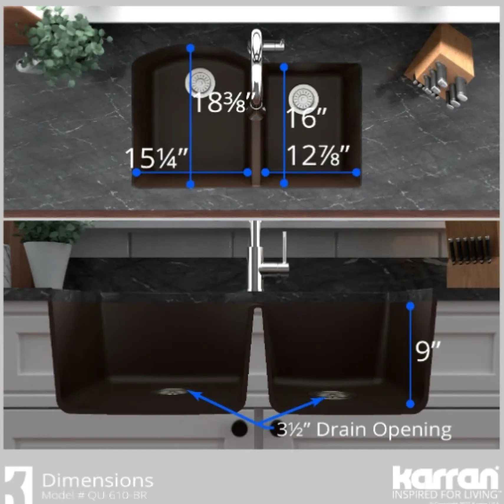 Karran 32" Undermount Quartz Composite Kitchen Sink, 60/40 Double Bowl, Brown, QU-610-BR