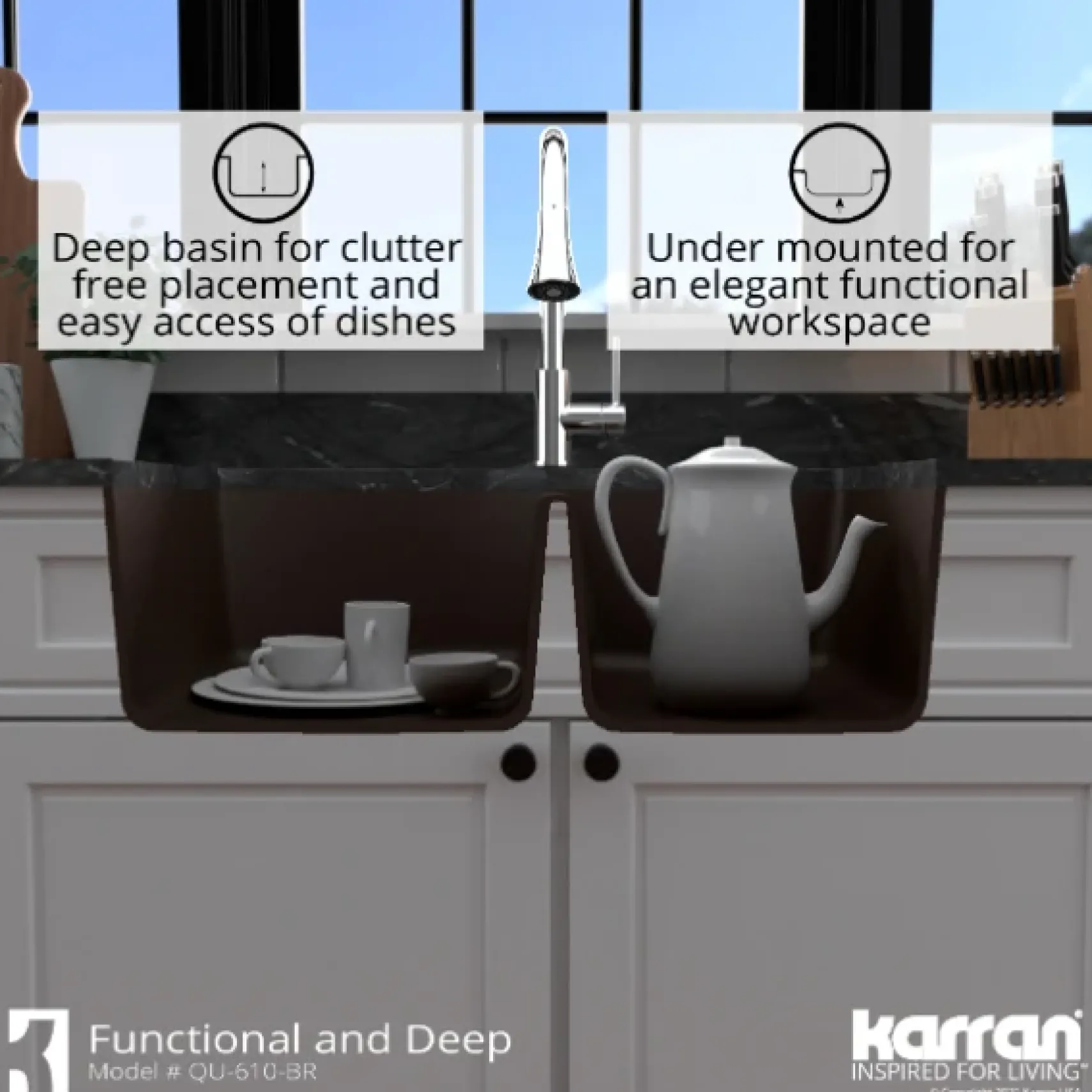 Karran 32" Undermount Quartz Composite Kitchen Sink, 60/40 Double Bowl, Brown, QU-610-BR