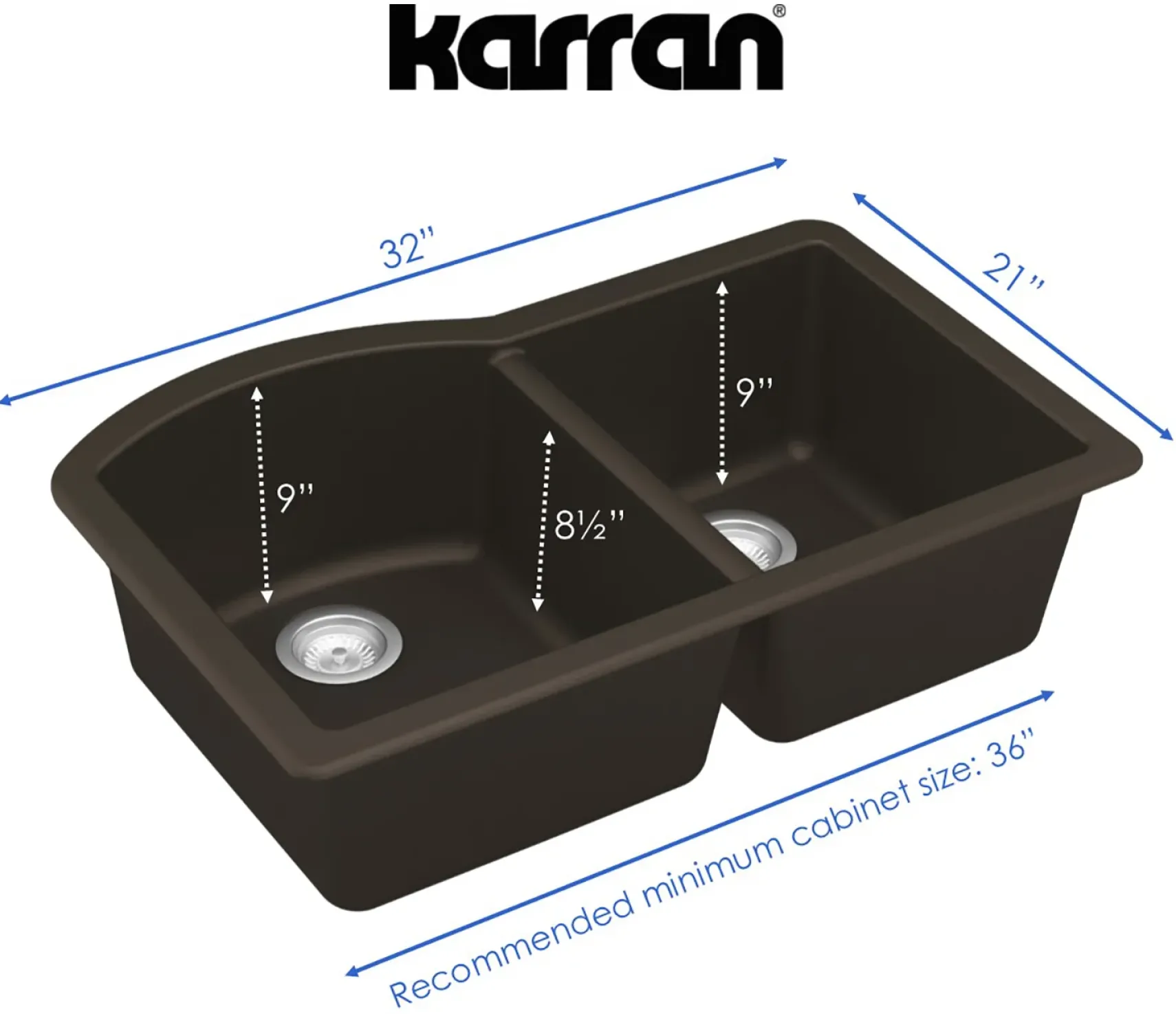 Karran 32" Undermount Quartz Composite Kitchen Sink, 60/40 Double Bowl, Brown, QU-610-BR
