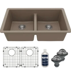 Karran 32" Undermount Quartz Composite Kitchen Sink with Accessories, 50/50 Double Bowl, Concrete, QU-810-CN-PK1
