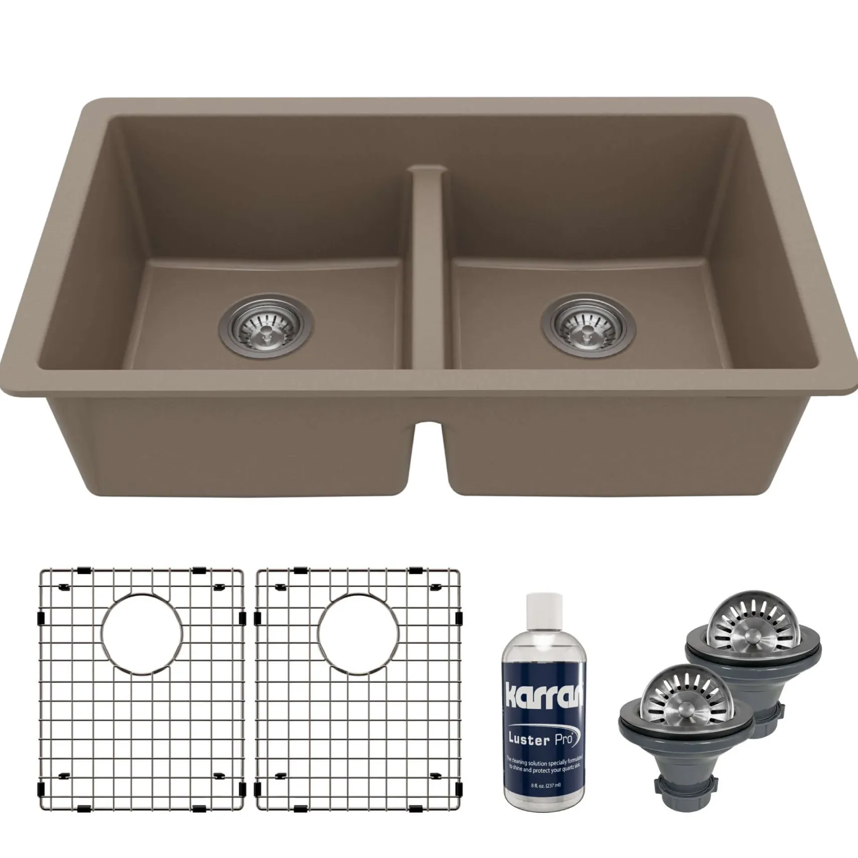 Karran 32" Undermount Quartz Composite Kitchen Sink with Accessories, 50/50 Double Bowl, Concrete, QU-810-CN-PK1