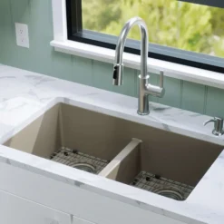 Karran 32" Undermount Quartz Composite Kitchen Sink with Accessories, 50/50 Double Bowl, Concrete, QU-810-CN-PK1