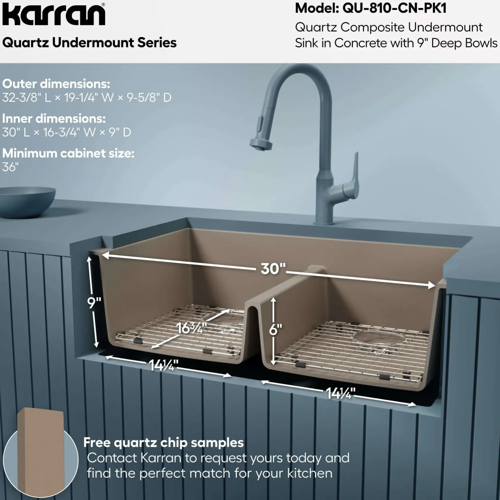 Karran 32" Undermount Quartz Composite Kitchen Sink with Accessories, 50/50 Double Bowl, Concrete, QU-810-CN-PK1