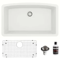 Karran 32" Undermount Quartz Composite Kitchen Sink, White, QU-712-WH-PK1