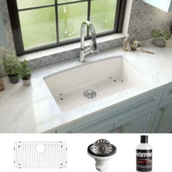 Karran 32" Undermount Quartz Composite Kitchen Sink, White, QU-712-WH-PK1