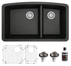 Karran 32" Undermount Quartz Composite Kitchen Sink, 60/40 Double Bowl, Black, QU-711-BL-PK1