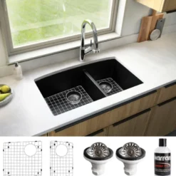 Karran 32" Undermount Quartz Composite Kitchen Sink, 60/40 Double Bowl, Black, QU-711-BL-PK1