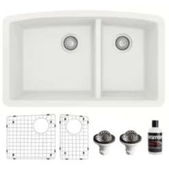 Karran 32" Undermount Quartz Composite Kitchen Sink, 60/40 Double Bowl, White, QU-711-WH-PK1