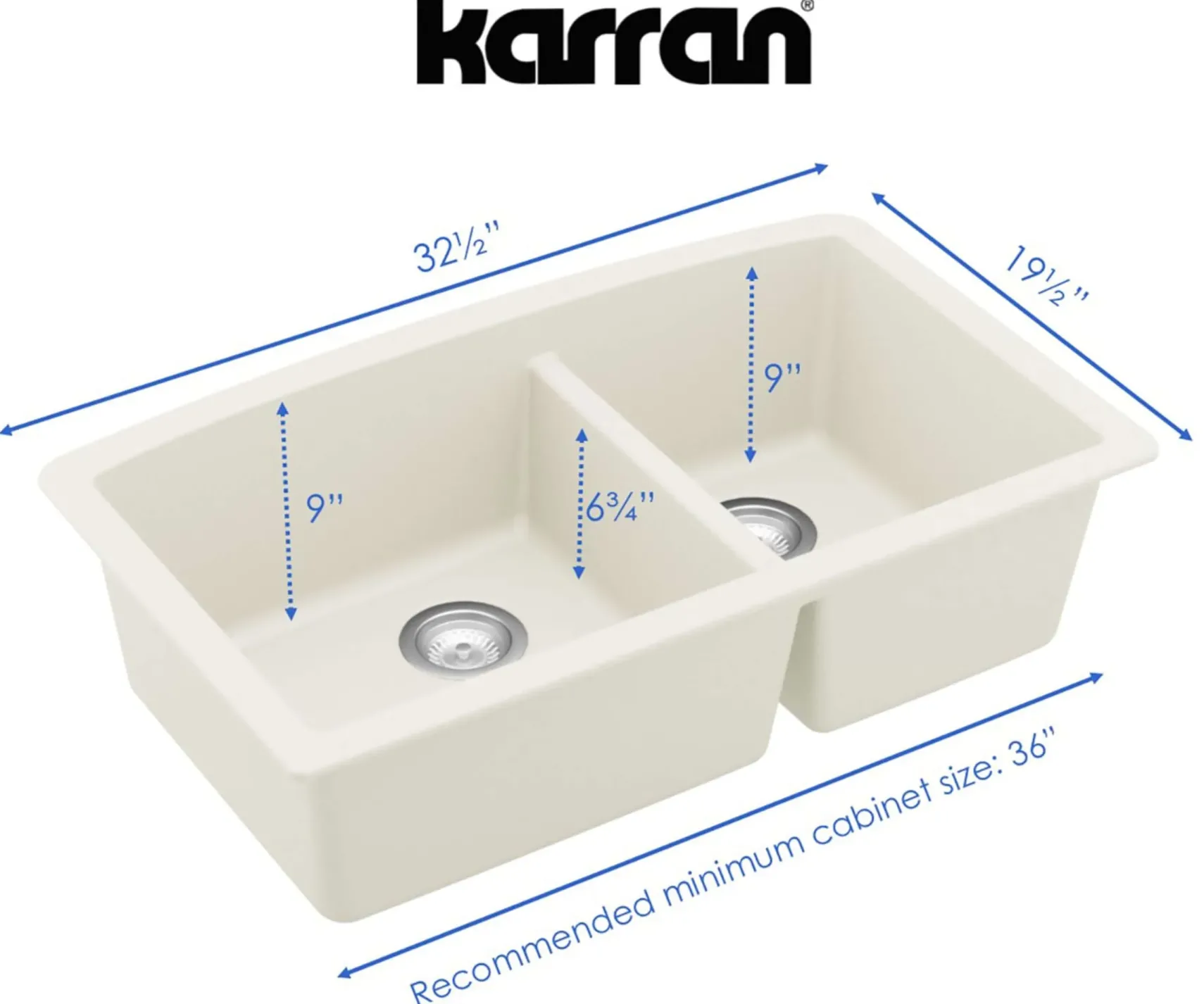 Karran 32" Undermount Quartz Composite Kitchen Sink, 60/40 Double Bowl, White, QU-711-WH-PK1
