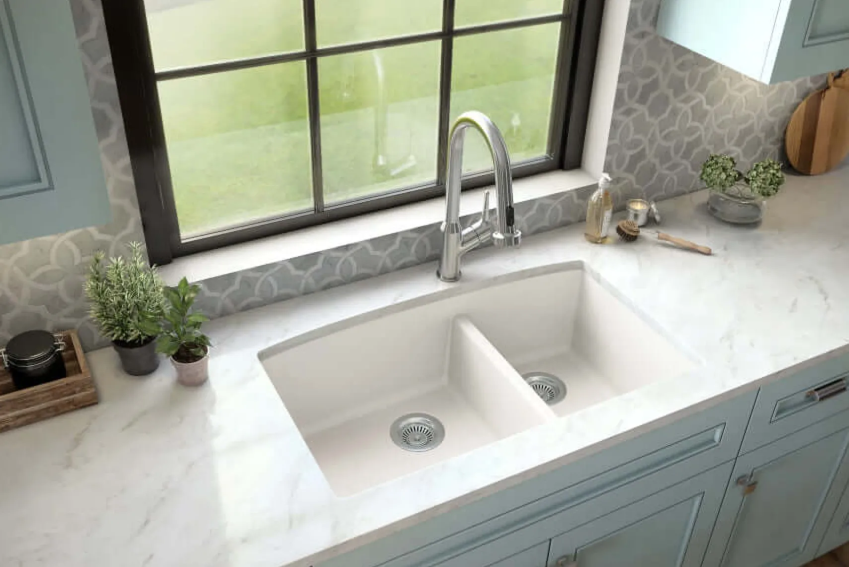 Karran 32" Undermount Quartz Composite Kitchen Sink, 60/40 Double Bowl, White, QU-711-WH-PK1