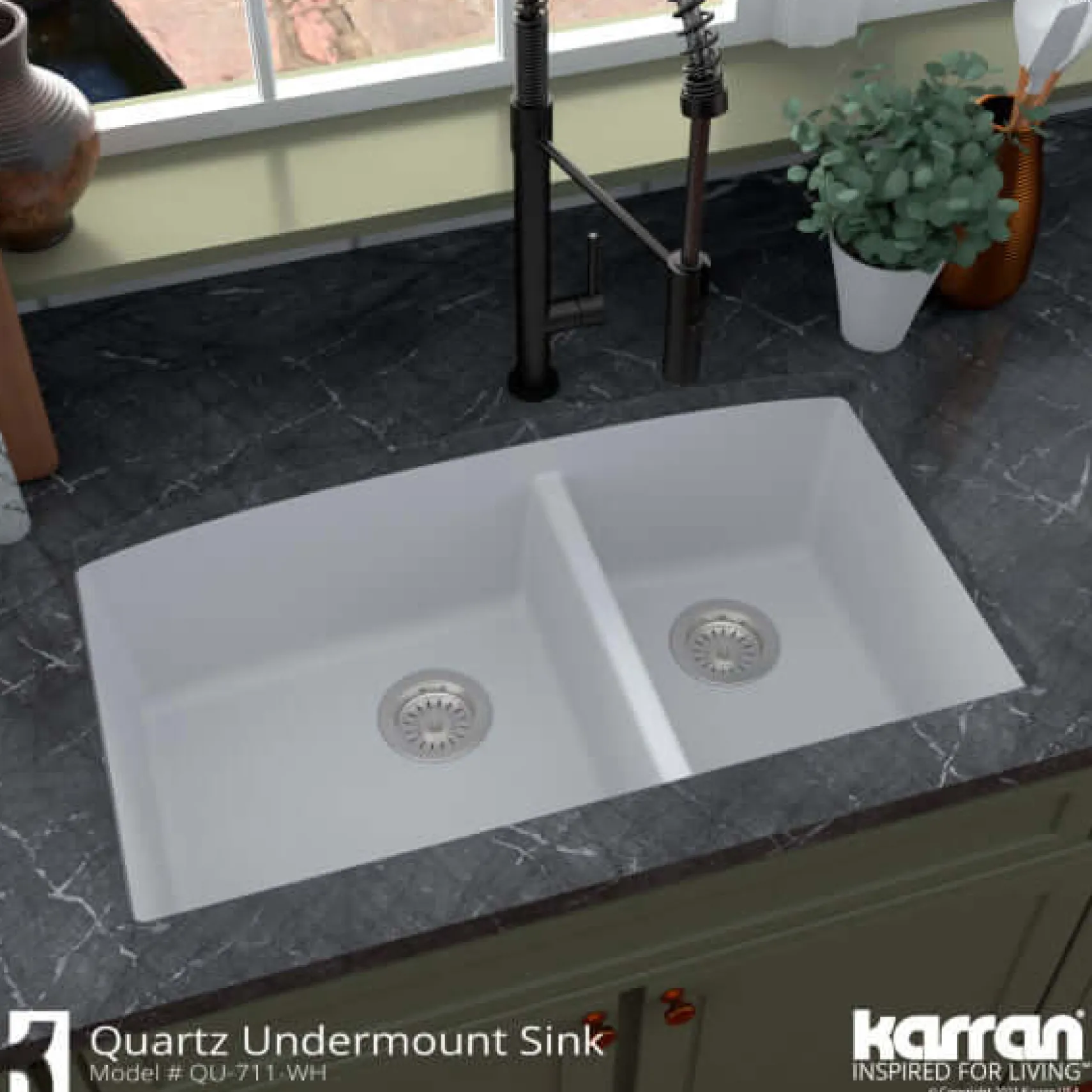 Karran 32" Undermount Quartz Composite Kitchen Sink, 60/40 Double Bowl, White, QU-711-WH-PK1