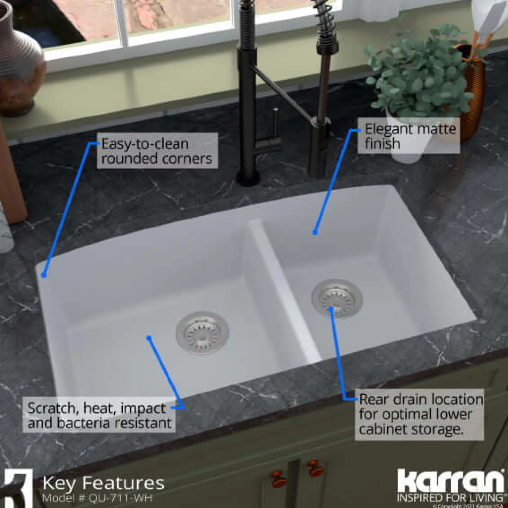Karran 32" Undermount Quartz Composite Kitchen Sink, 60/40 Double Bowl, White, QU-711-WH-PK1