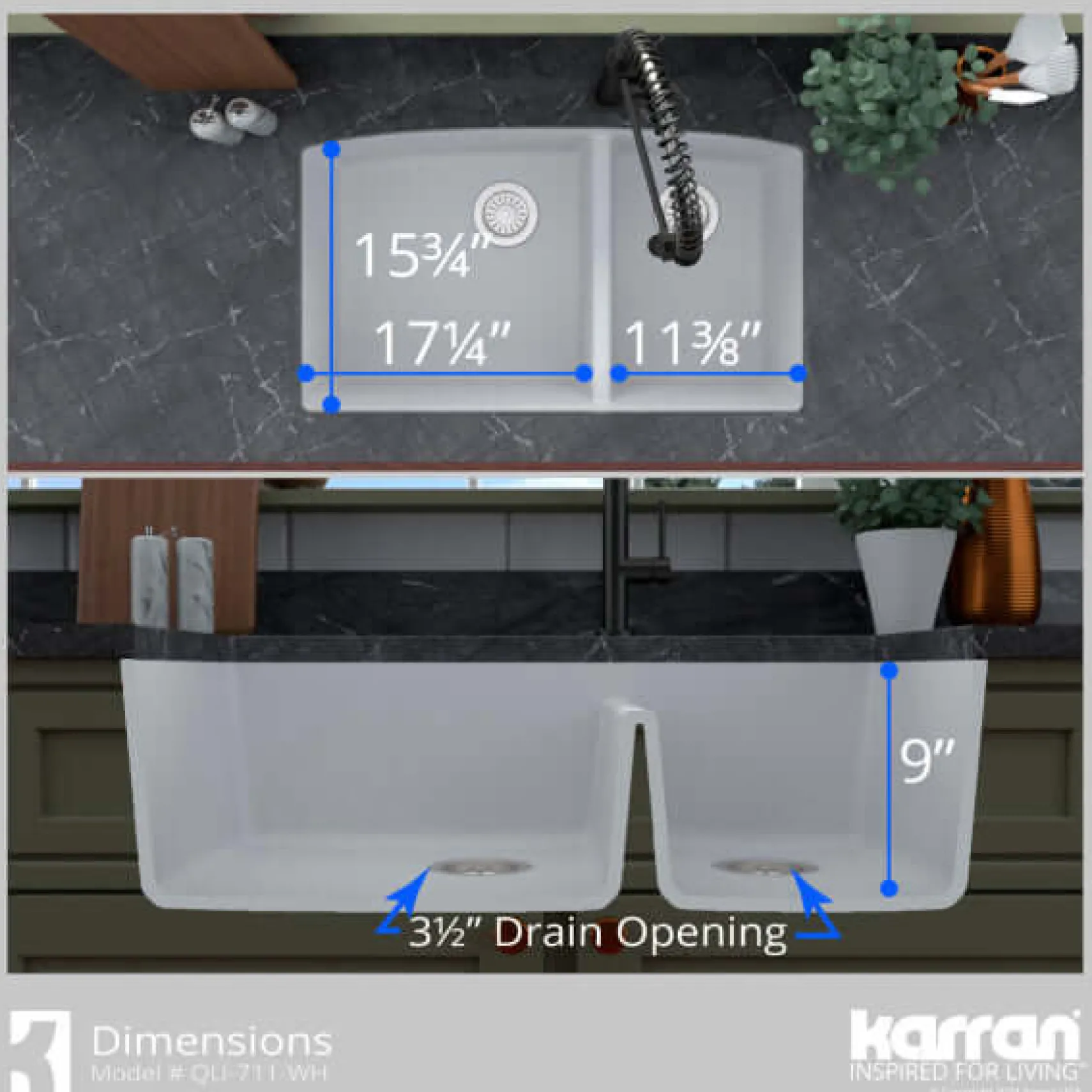 Karran 32" Undermount Quartz Composite Kitchen Sink, 60/40 Double Bowl, White, QU-711-WH-PK1