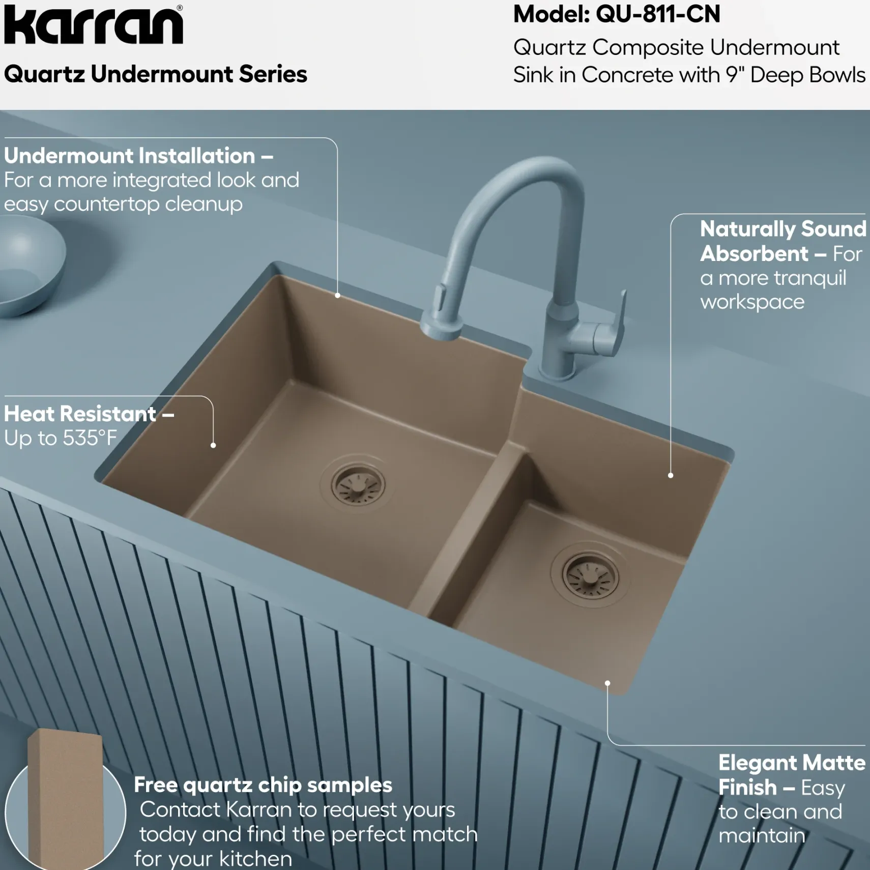 Karran 32" Undermount Quartz Composite Kitchen Sink, 60/40 Double Bowl, Concrete, QU-811-CN