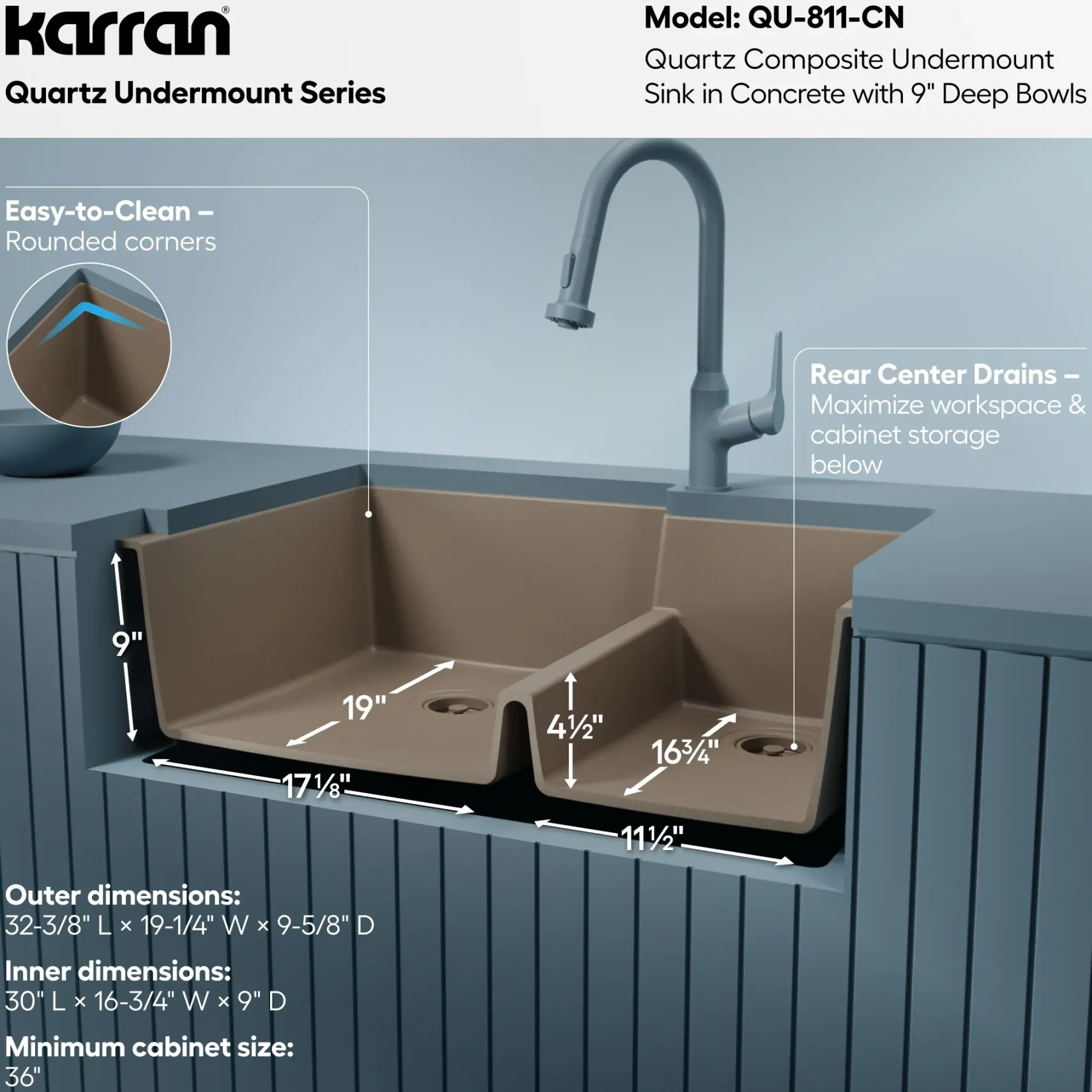 Karran 32" Undermount Quartz Composite Kitchen Sink, 60/40 Double Bowl, Concrete, QU-811-CN