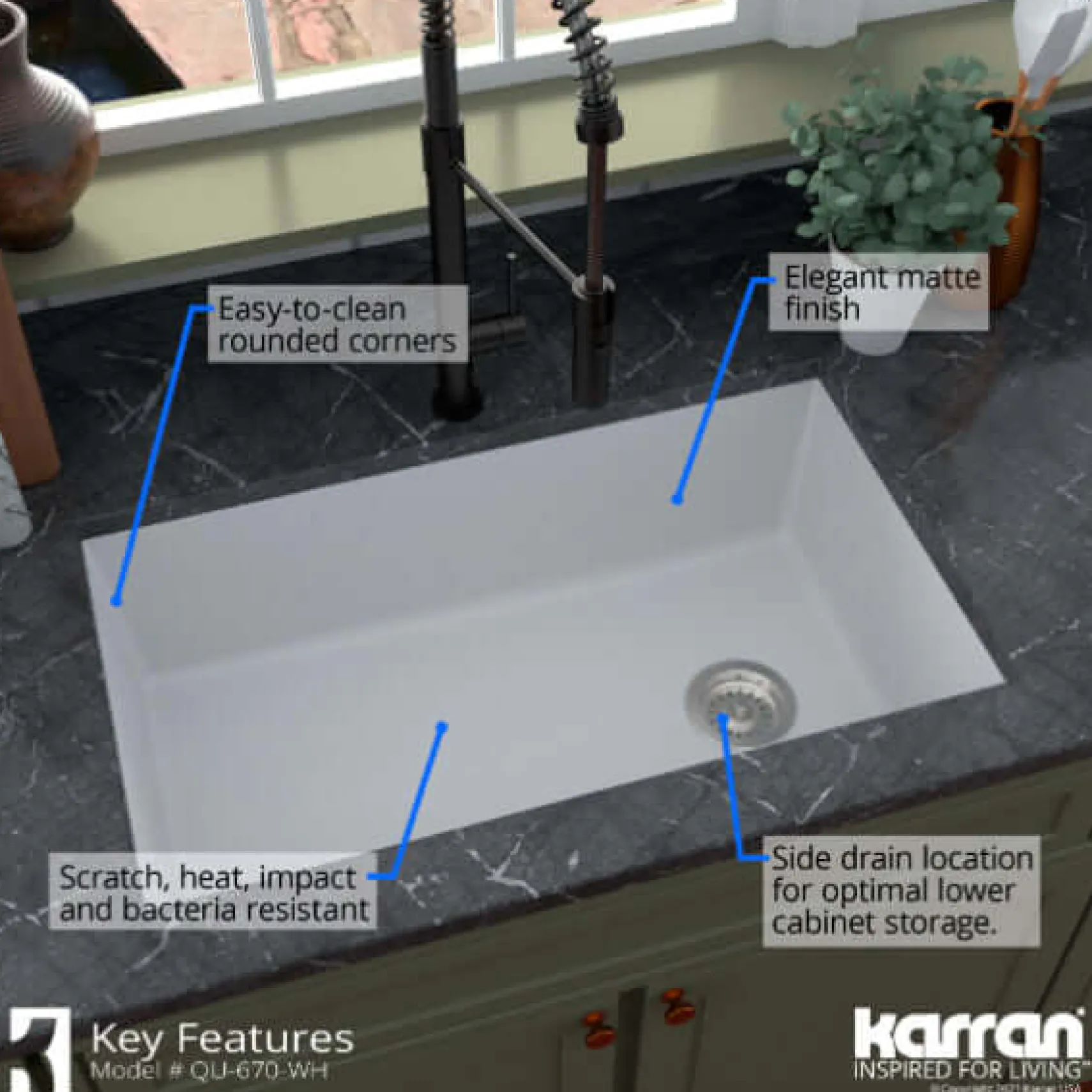Karran 32" Undermount Quartz Composite Kitchen Sink, White, QU-670-WH-PK1