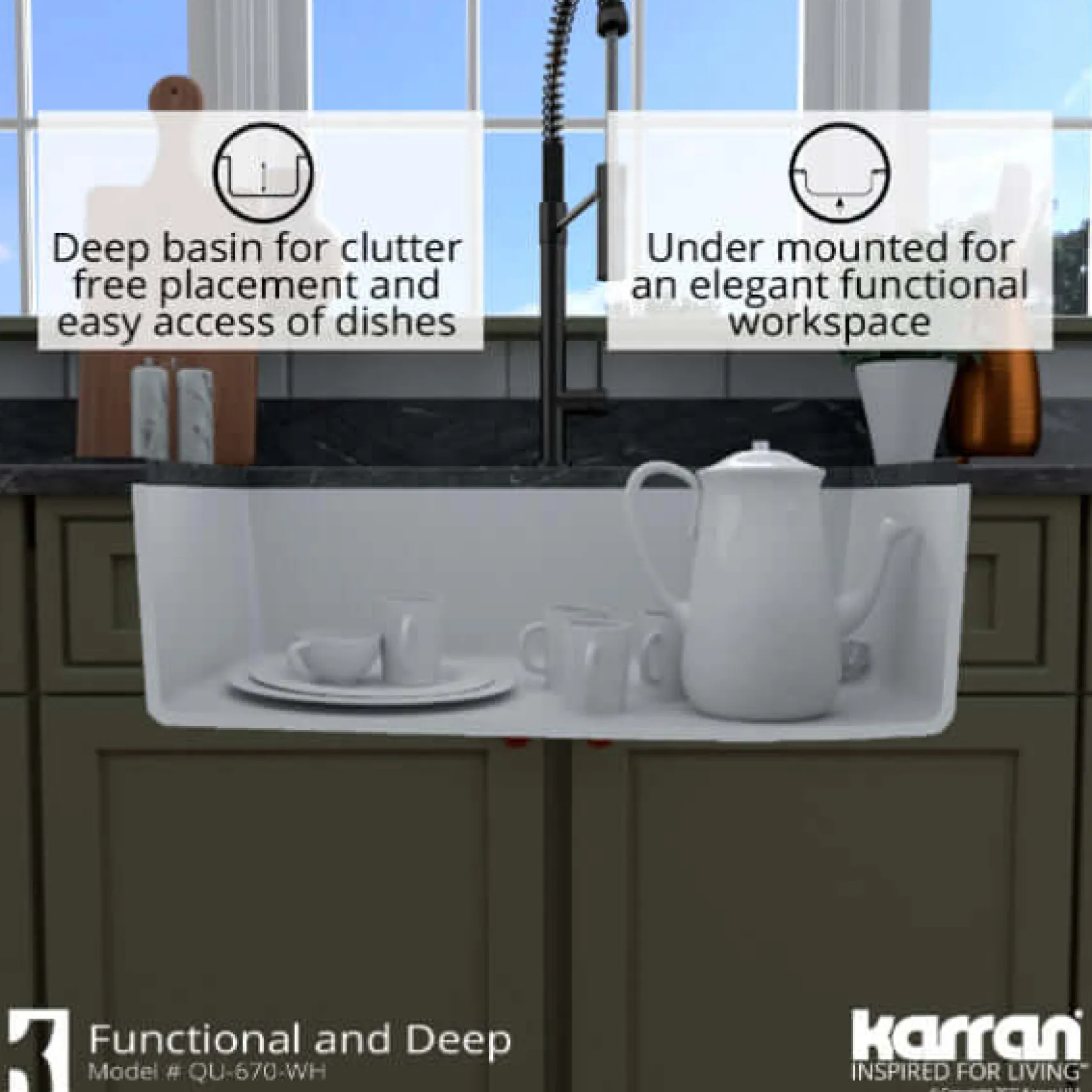 Karran 32" Undermount Quartz Composite Kitchen Sink, White, QU-670-WH-PK1