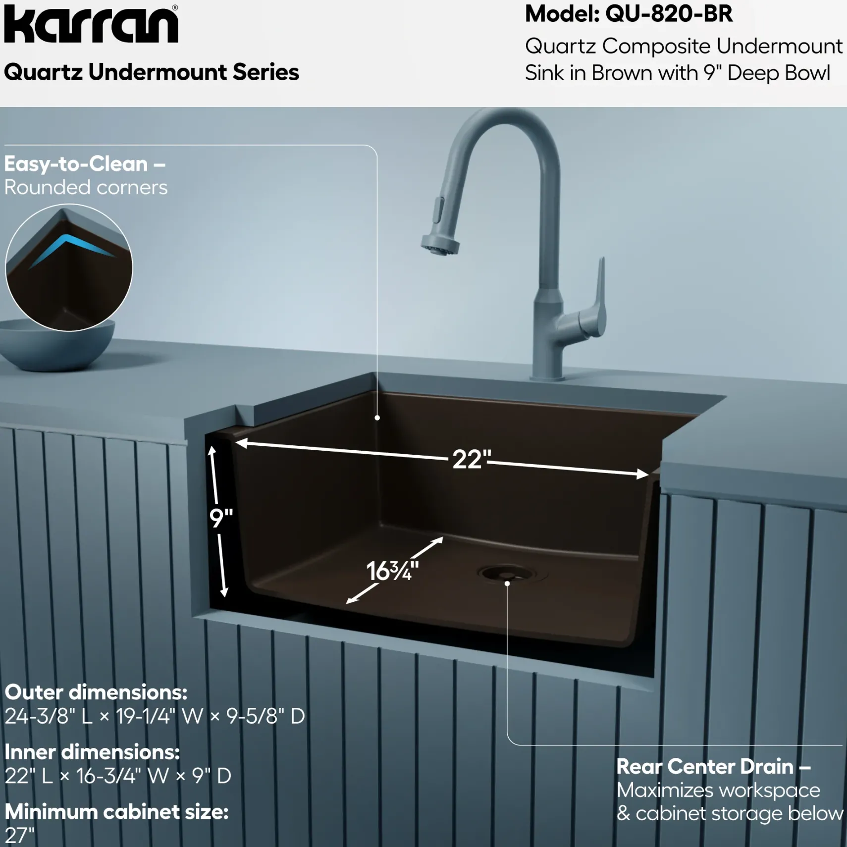 Karran 24" Undermount Quartz Composite Kitchen Sink, Brown, QU-820-BR