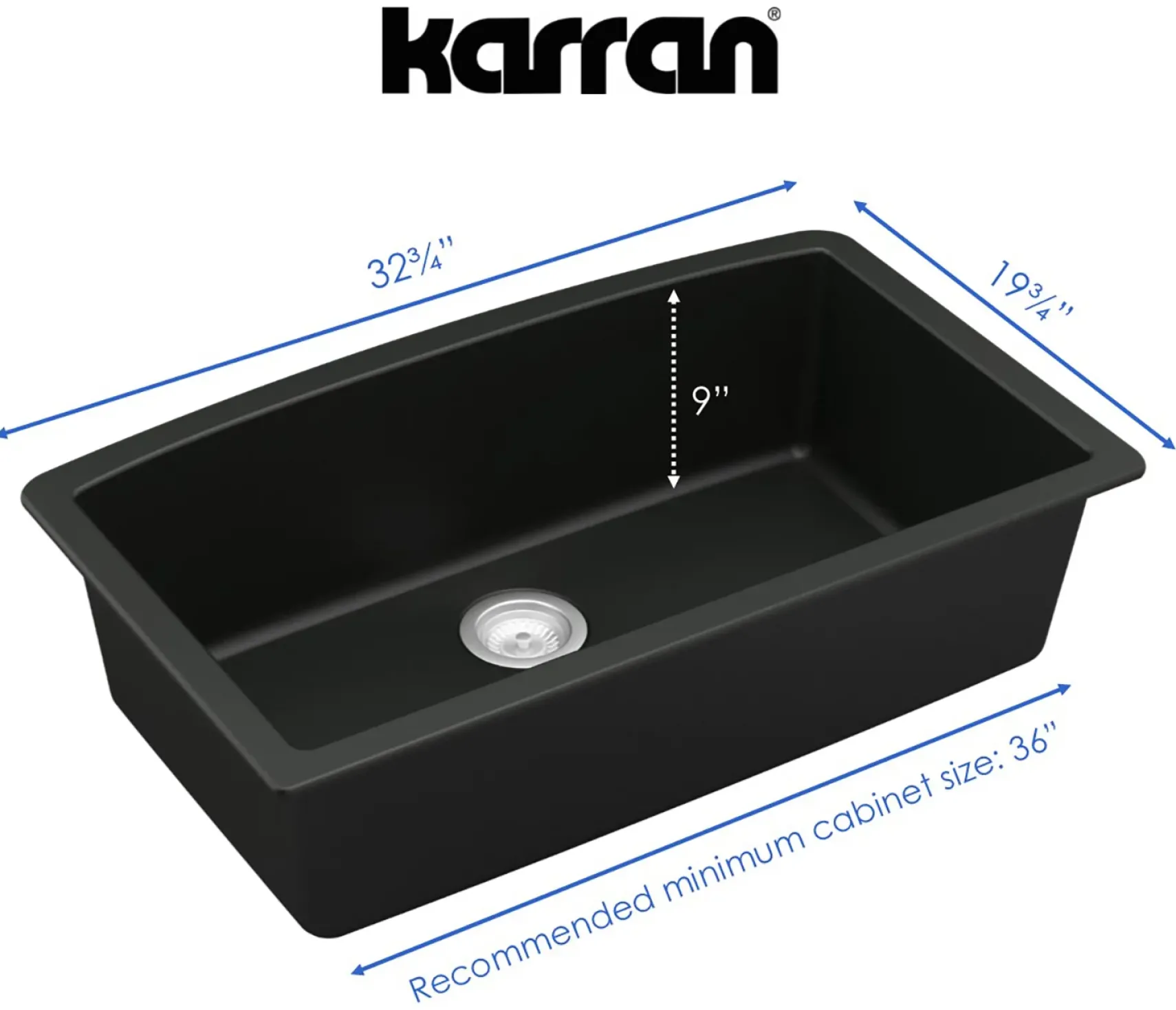Karran 33" Undermount Quartz Composite Kitchen Sink, Black, QU-712-BL