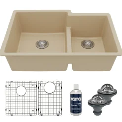 Karran 32" Undermount Quartz Composite Kitchen Sink with Accessories, 60/40 Double Bowl, Bisque, QU-811-BI-PK1
