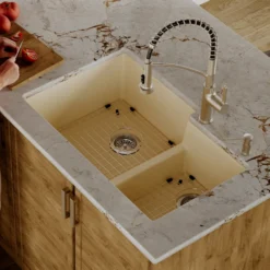 Karran 32" Undermount Quartz Composite Kitchen Sink with Accessories, 60/40 Double Bowl, Bisque, QU-811-BI-PK1