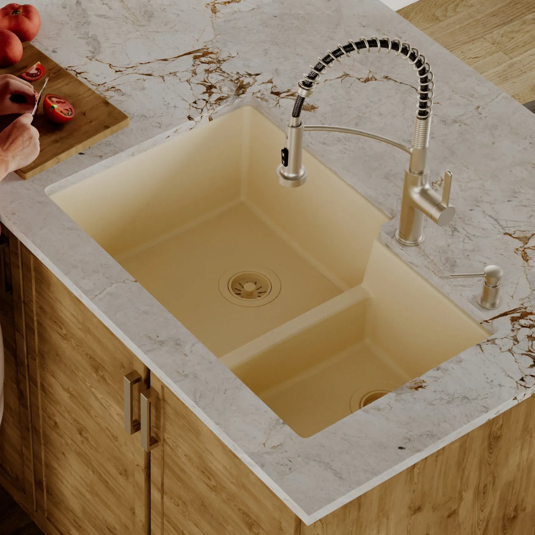 Karran 32" Undermount Quartz Composite Kitchen Sink, 60/40 Double Bowl, Bisque, QU-811-BI