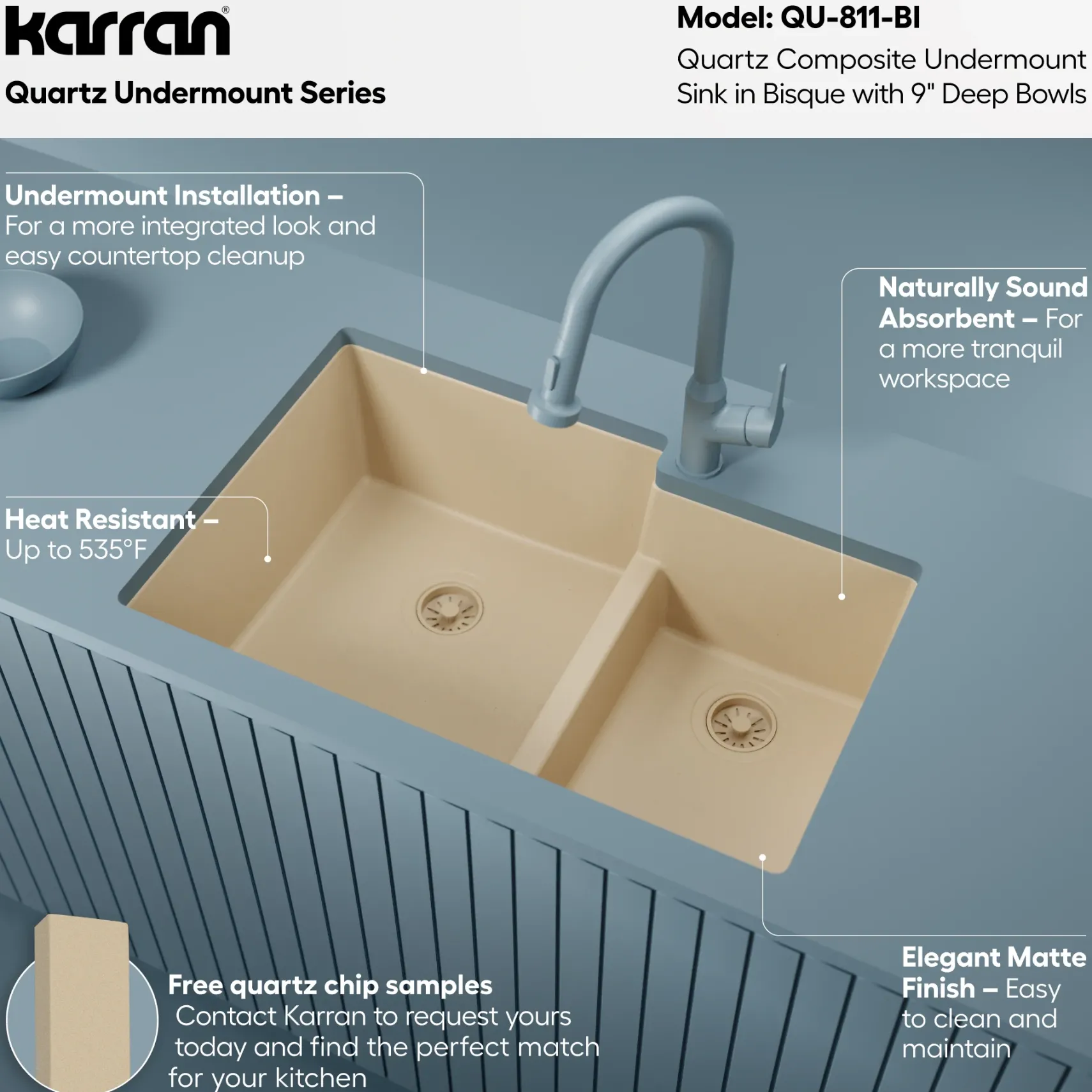 Karran 32" Undermount Quartz Composite Kitchen Sink, 60/40 Double Bowl, Bisque, QU-811-BI