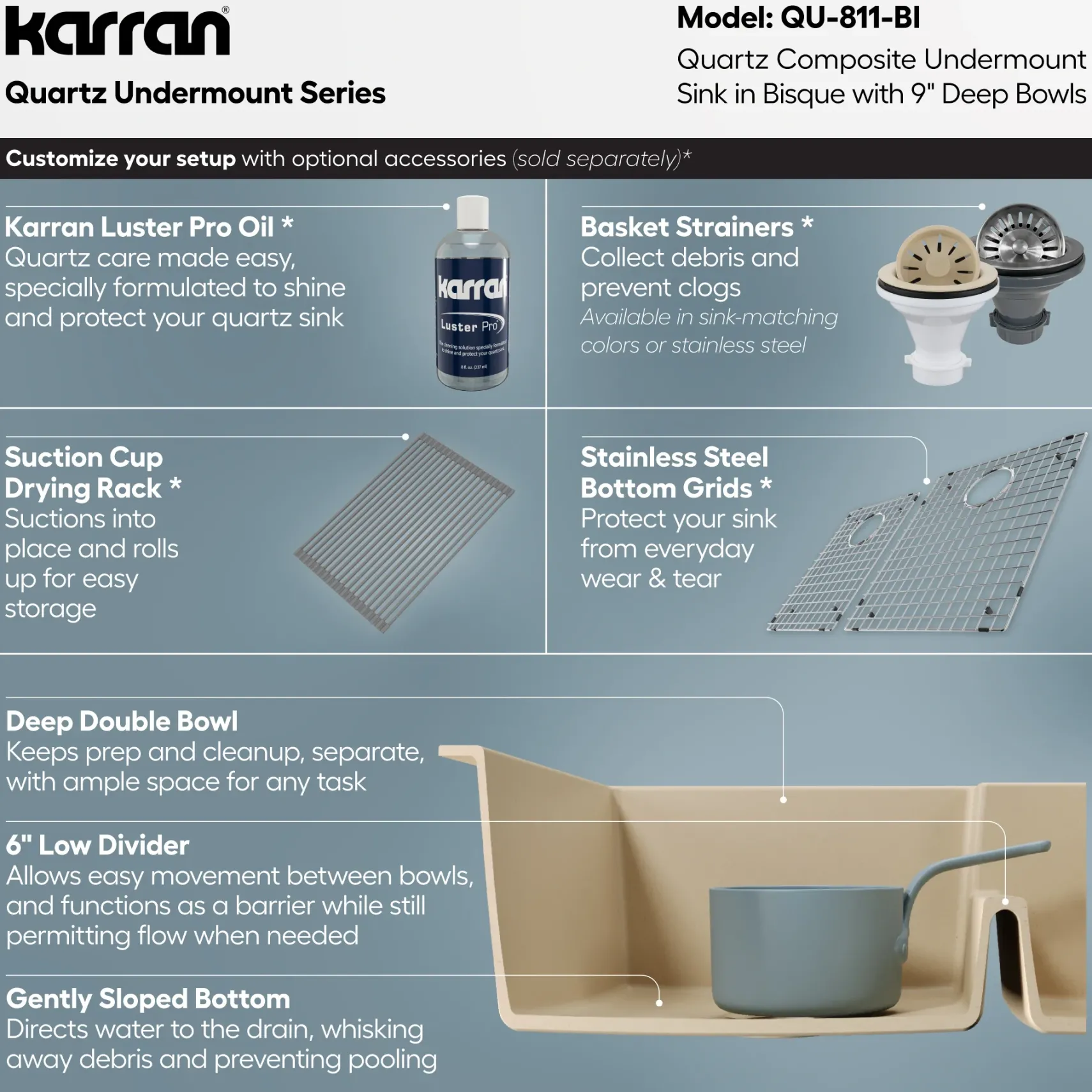 Karran 32" Undermount Quartz Composite Kitchen Sink, 60/40 Double Bowl, Bisque, QU-811-BI