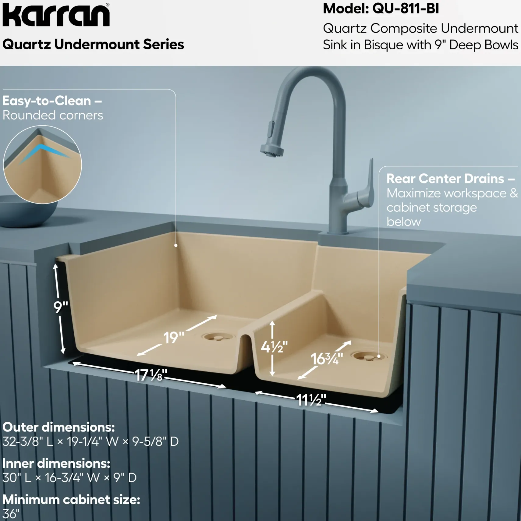 Karran 32" Undermount Quartz Composite Kitchen Sink, 60/40 Double Bowl, Bisque, QU-811-BI