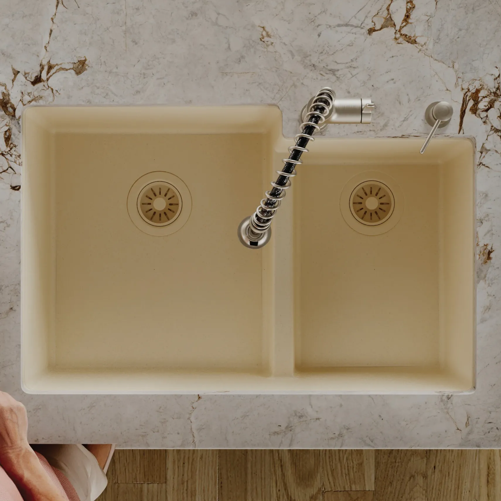 Karran 32" Undermount Quartz Composite Kitchen Sink, 60/40 Double Bowl, Bisque, QU-811-BI