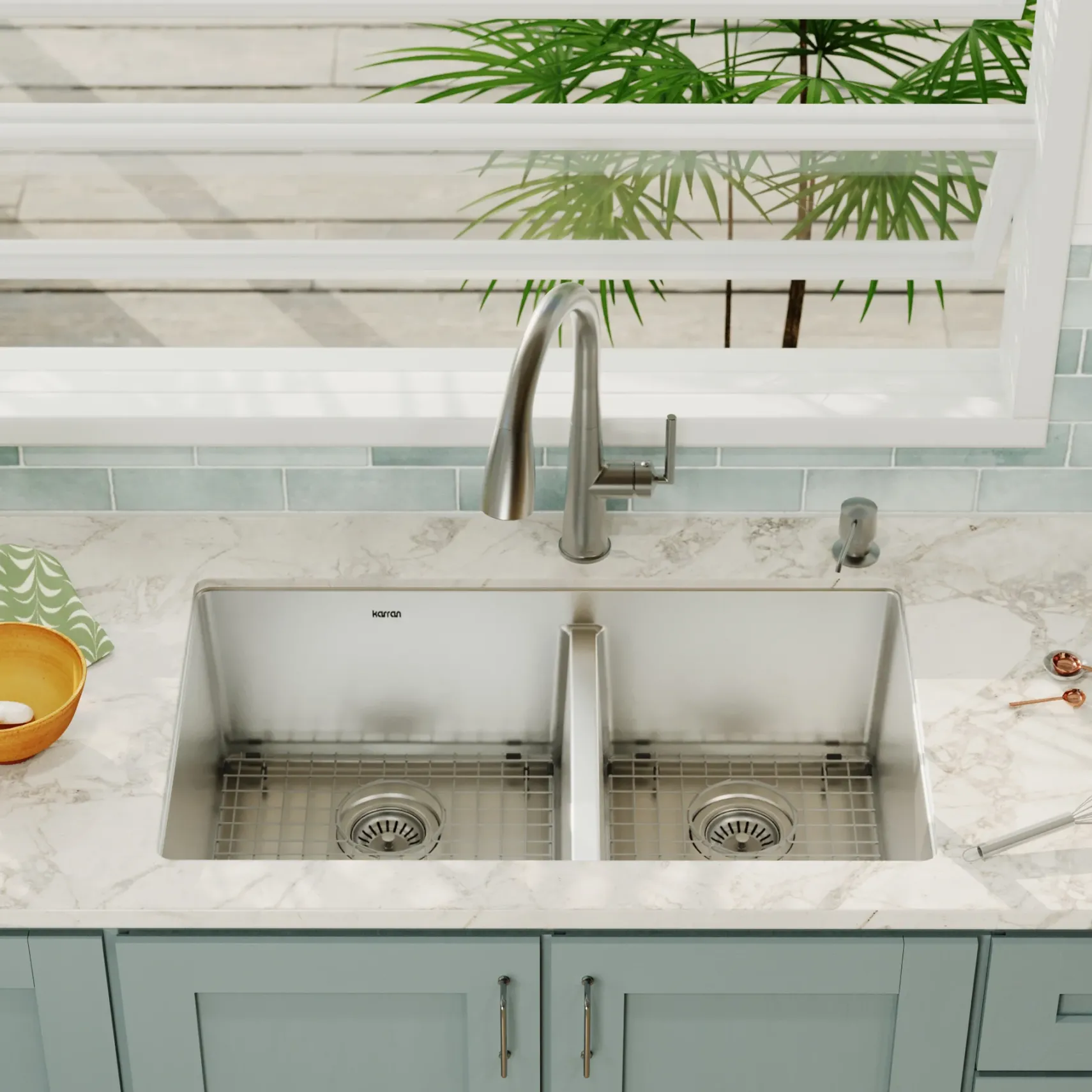 Karran 32" Undermount Stainless Steel Kitchen Sink with Accessories, 60/40 Double Bowl, 16 Gauge, EL-77-PK1