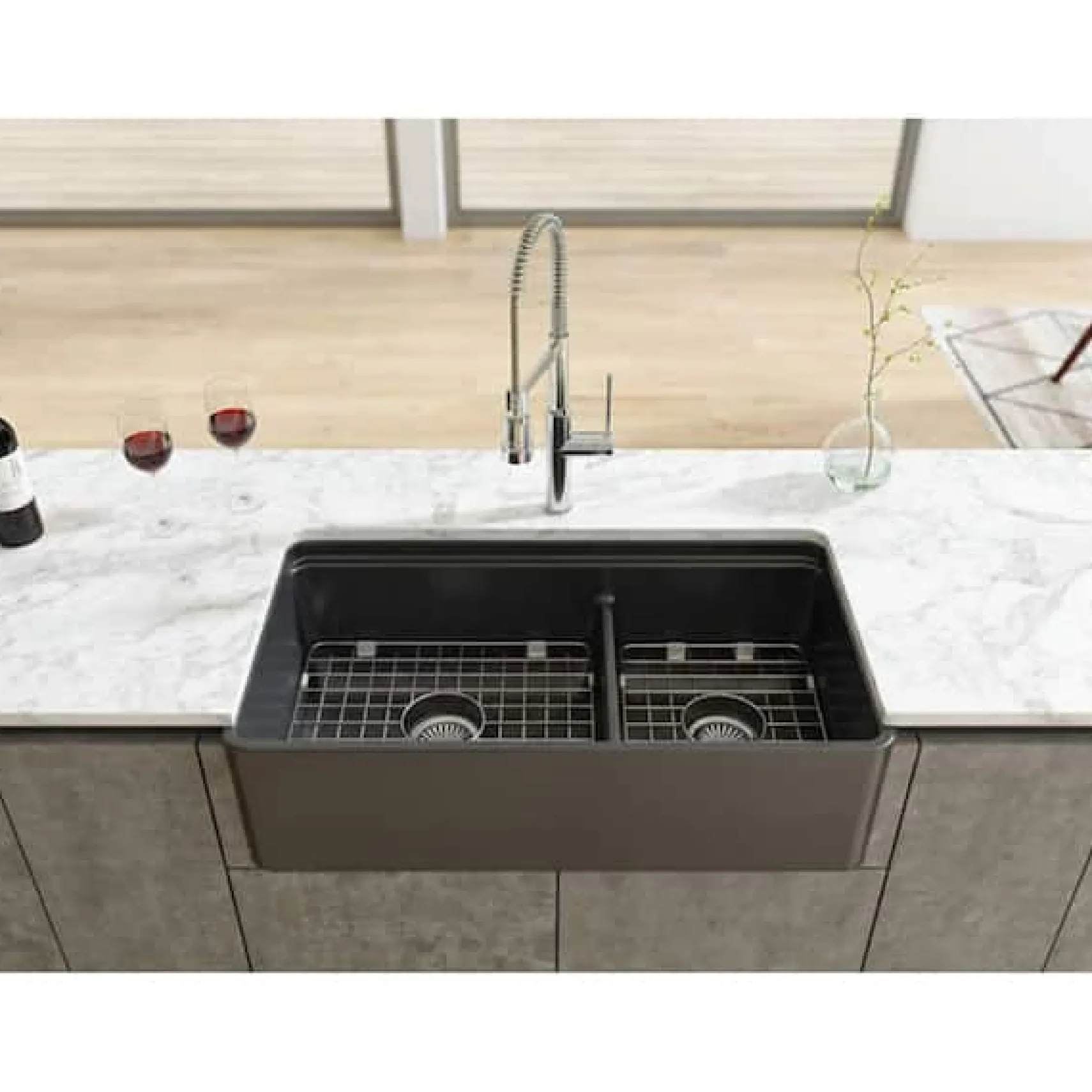 Latoscana 36" Double Bowl Fireclay Farmhouse Sink with Accessory Ledge, Black, LDL3619B